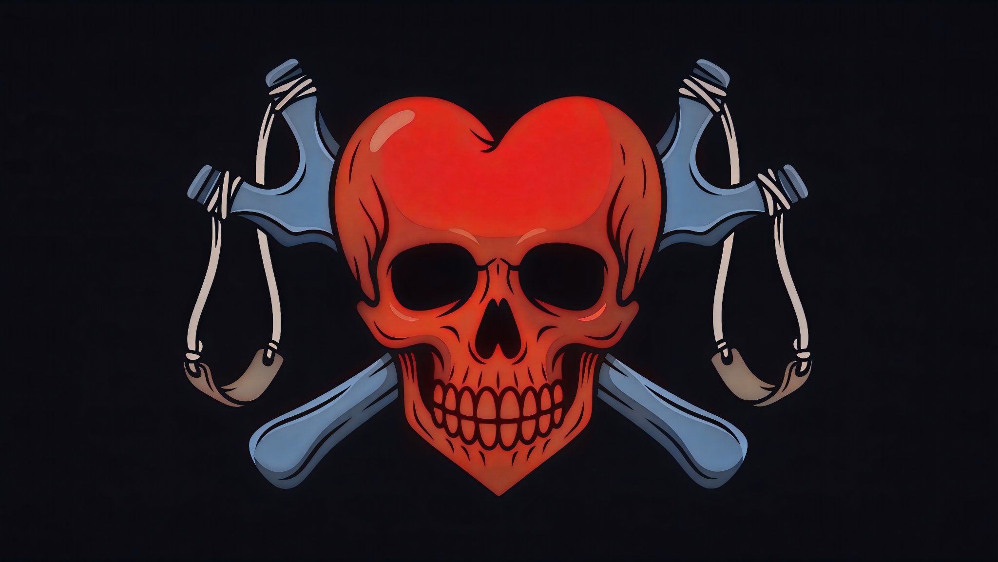The Jolly Roger of the Heart Shot Pirates: a red heart-shaped skull with two crossed steel-blue slingshots behind it, on a black field.