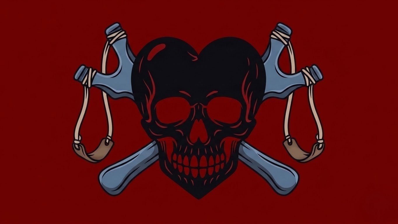 The Jolly Rouge: the same heart-shaped skull and crossed slingshots in black, on a red field.